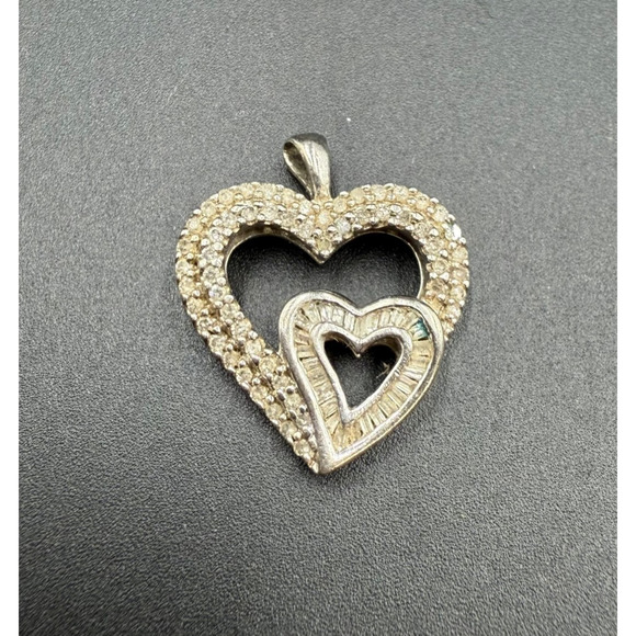 Vintage Heart Pendant 925 Silver with Rhinestones - Picture 1 of 6